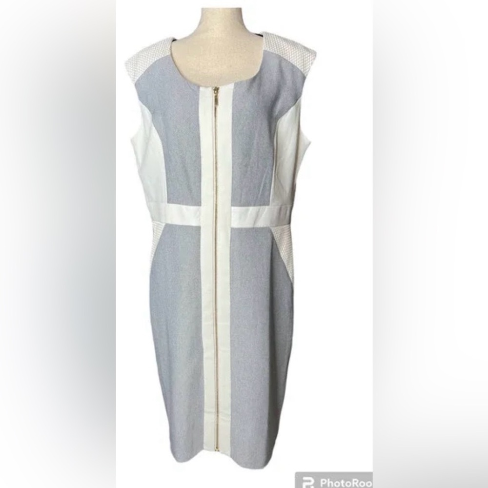 Sandra Darren Gray and Cream Colorblock Sheath Dress with Gold Zip